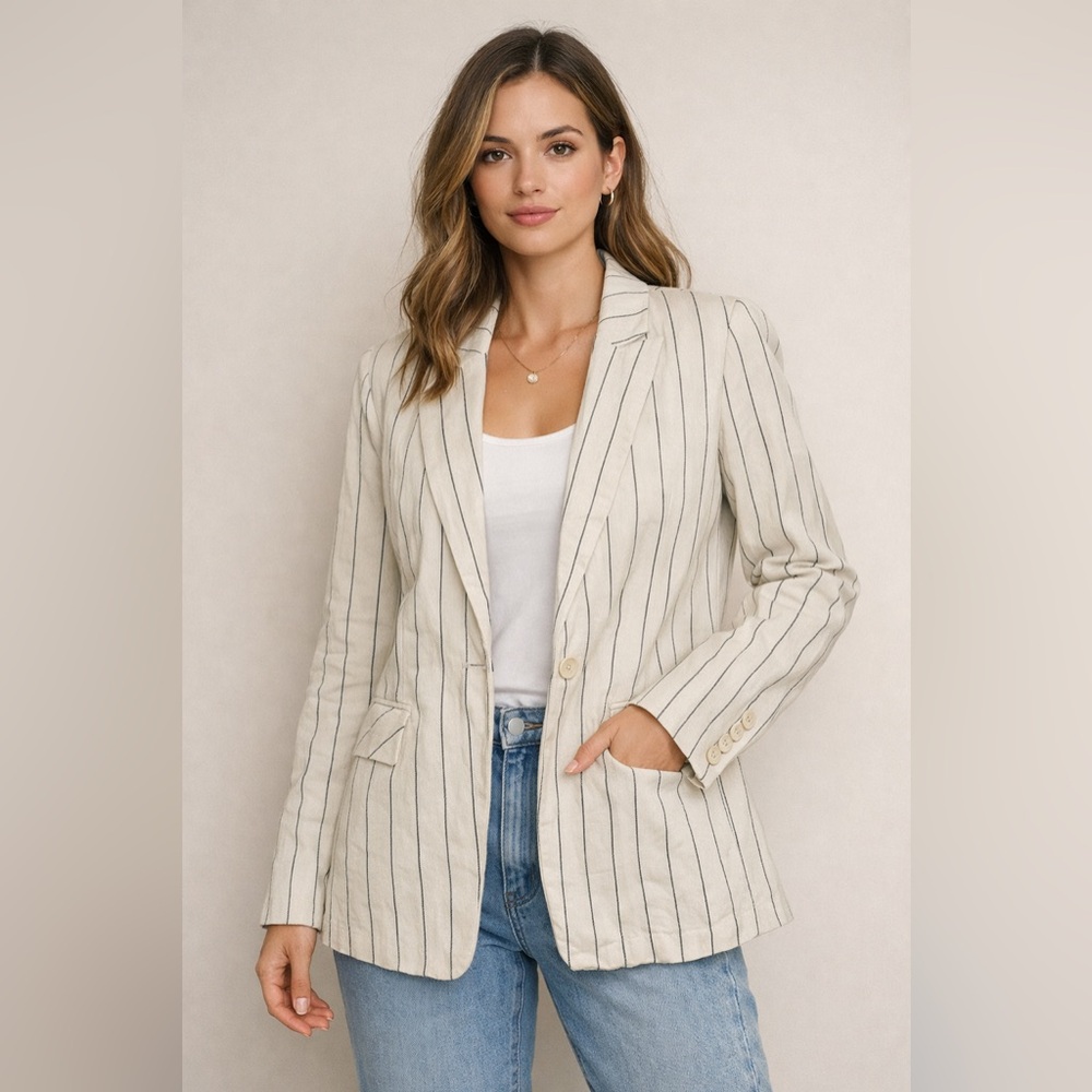 Beige Striped Double-Breasted Blazer